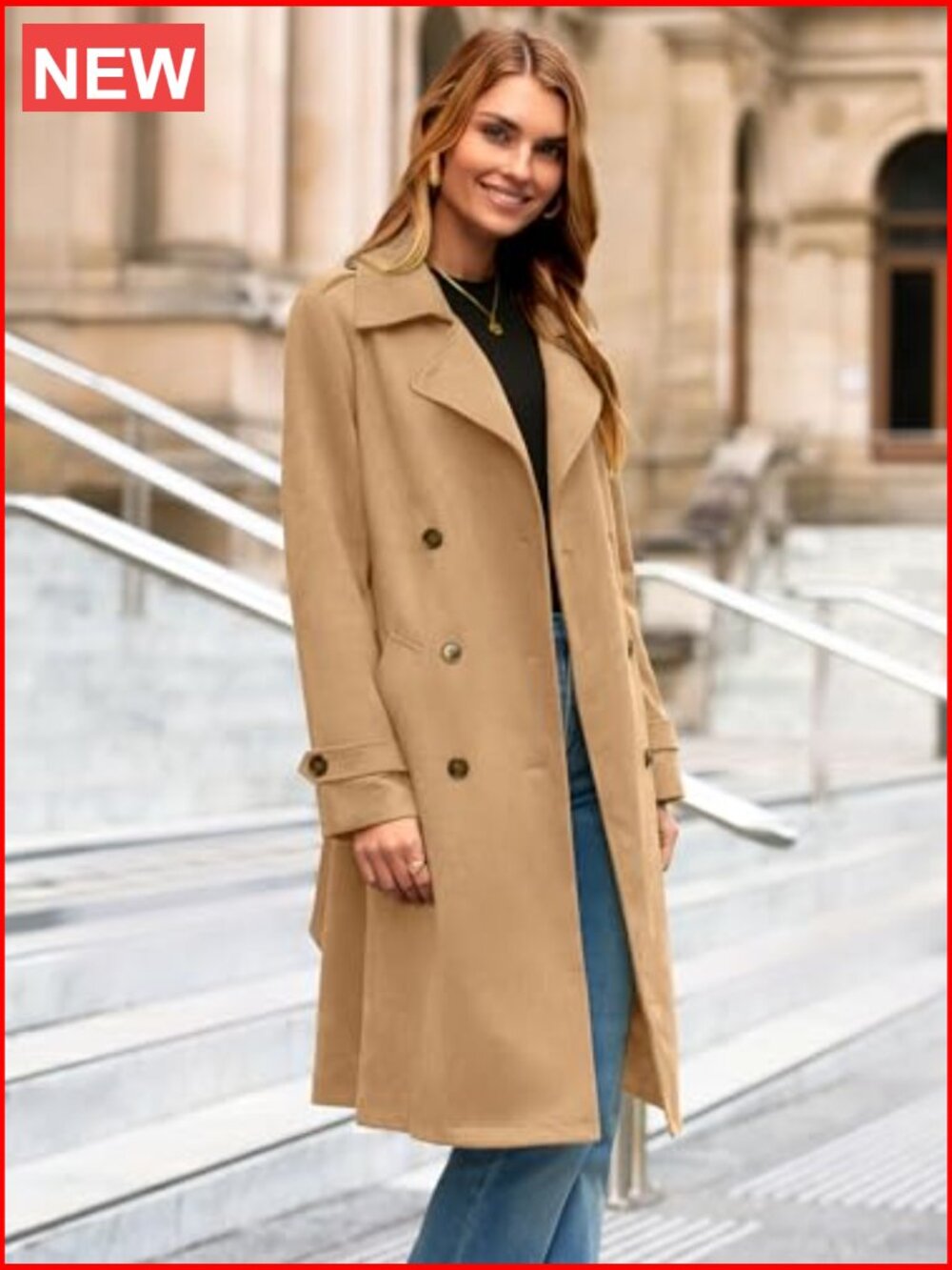 Faux Suede Double Breasted Trench Coat with Belt - Picture 4 of 7